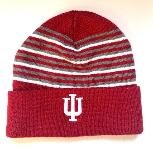 Captivating Other - Indiana Hoosier Knit Striped Cuffed  Beanie Hat Red Gray one Size Unisex Adult